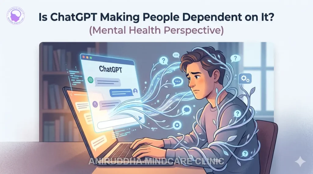 Illustration of a distressed man wrapped in blue digital vines emanating from a ChatGPT screen, symbolizing mental dependence on AI.