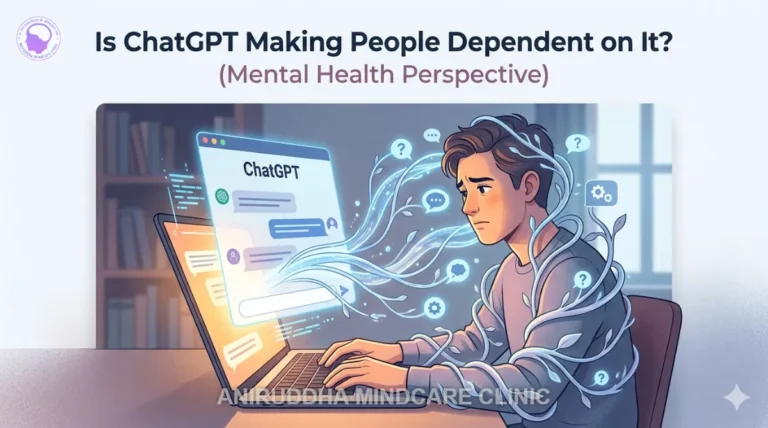 Illustration of a distressed man wrapped in blue digital vines emanating from a ChatGPT screen, symbolizing mental dependence on AI.