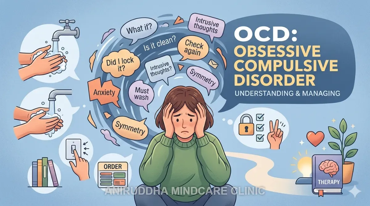 An illustration of a person overwhelmed by OCD, showing a mental swirl of intrusive thoughts like "Is it clean?" and "Did I lock it?" alongside symbols of compulsions and therapy.