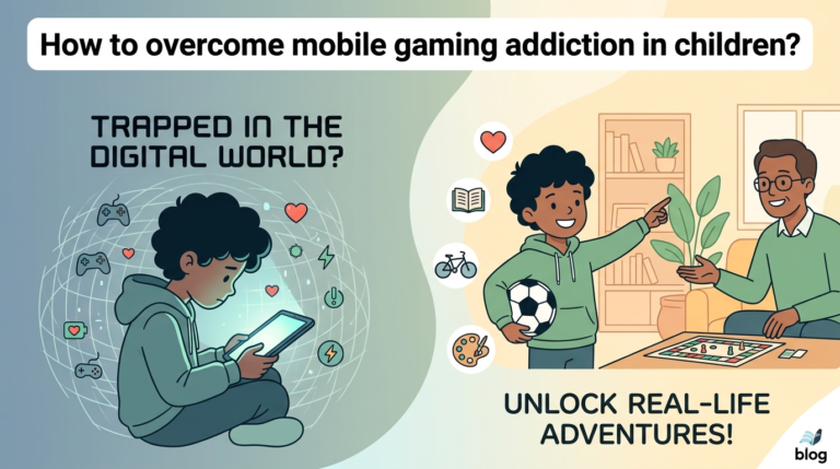 A comparison illustration for a guide on overcoming mobile gaming addiction in children. The left side shows a sad child "Trapped in the digital world" looking at a glowing phone. The right side shows a happy child interacting with a parent, playing a board game, holding a soccer ball, and pointing to other activities like books and biking, with the text "Unlock real-life adventures!"