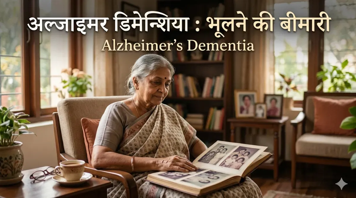 An elderly Indian woman looking thoughtfully at a family photo album, illustrating Alzheimer’s Dementia (भूलने की बीमारी).